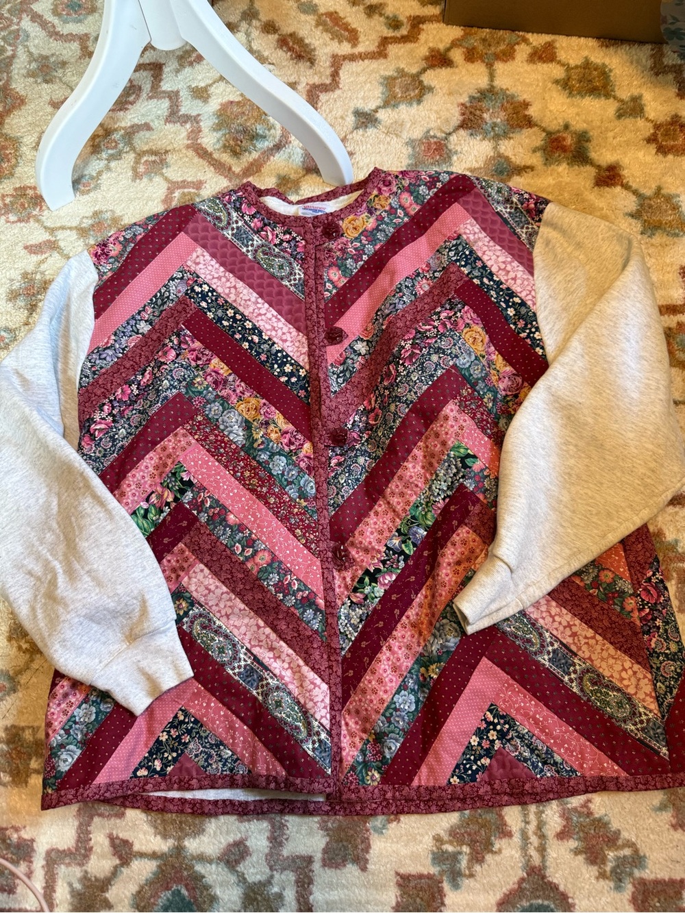 Quilted Chevron Patchwork Cardigan Jacket in Pink & Burgundy upcycle Haynes xl